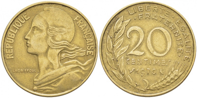 ФРАНЦИЯ 20 САНТИМОВ 1970 KM 930 медь алюминий никель 3856-1117