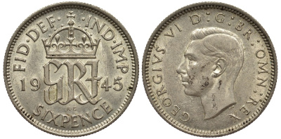 Великобритания 6 пенсов 1945 Георг VI (1936-1952) KM 852, Spink 4084 серебро 4538-552
