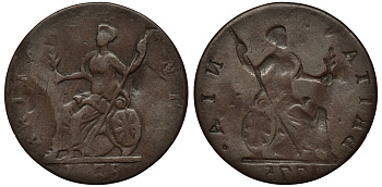 Великобритания 1 фартинг 1775 инкузный брак монетного двора, Георг III (1760-1820) KM 602, Spink 3775 медь 00-821-53