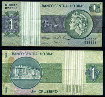 Бразилия 1 крузейро 1975 серия В 10687, signatures: M?rio Henrique Simonsen & Paulo Hort?nsio Pereira Lira Pick 191Ab бумага 8621-14-2-1