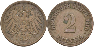 ГЕРМАНИЯ 2 ПФЕННИГА 1910 A KM 16, J. 11, Weege 4 медь 212-733