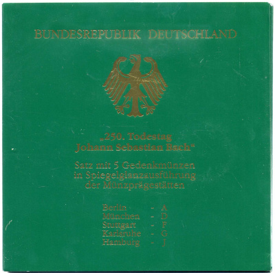 ФРГ набор из 5 штук по 10 марок 2000 A, D, F, G, J, 250 лет со дня рождения Иоганна Себастьяна Баха KM 202 серебро PROOF 6-5-2-11
