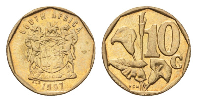 ЮАР 10 центов 1997 герб, цветок алоэ KM 161 сталь плакированная бронзой UNC 4694-737