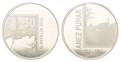 Словения 30 евро 2014 200 лет со дня рождения Янеша Пухара, тираж 2.000 экземпляров KM 119 серебро PROOF 270-745