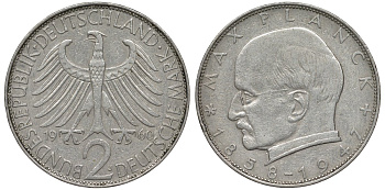 ФРГ 2 марки 1960 J, Макс Планк KM 116, J. 392 медно-никель плакированный никелем 4681-711