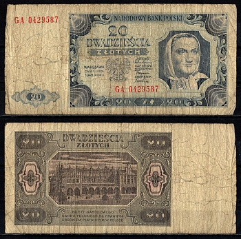 Польша 20 злотых 1948 Pick 137, K19.7.34 бумага 6262-36-3-1