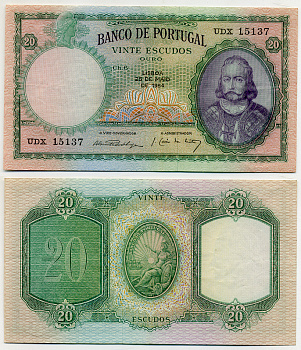 ПОРТУГАЛИЯ 20 ЭСКУДО 1954 25.05.1954, Антонио Луис Менезес Pick 153a бумага 8564-2-4