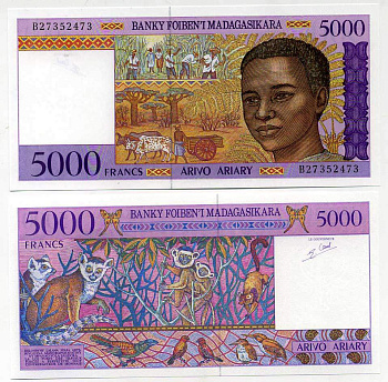 Мадагаскар 5000 франков (1000 ариари) ND (1995) животный и сельскохозяйственный мир, подпись 5 Pick 78b бумага UNC (пресс) 445-67-3