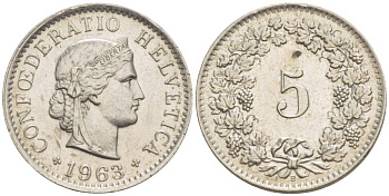 ШВЕЙЦАРИЯ 5 РАППЕНОВ 1963 В KM 26 медно-никель 4532-954