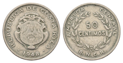 Коста-Рика 50 сентимо 1948 диаметр 26 мм, год-тип KM 182 медно-никель 4657-717
