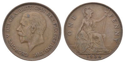 Великобритания 1 пенни 1936 Георг V (1910-1936) KM 838, Spink 4055 бронза 4661-743