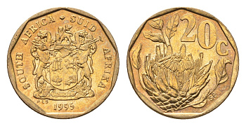 ЮАР 20 центов 1995 герб, цветок протея KM 136 сталь плакированная бронзой UNC 4694-844