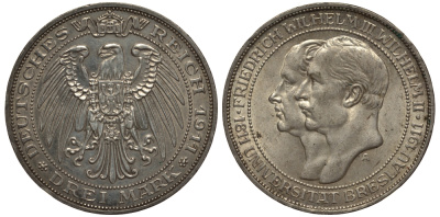 Пруссия 3 марки 1911 A, Университет Бреслау Weege 108, J. 108, KM 531 серебро 413-4132