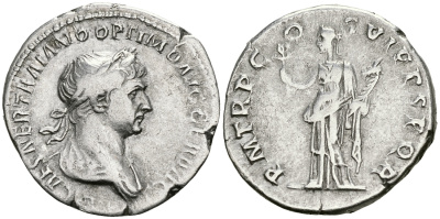 Римская Империя денарий 114 - 117 Траян PM TR P COS VI PP SPQR Фелицитата, персонификация Счастья Рим Very fine RIC 343 серебро 1073-4-1-2