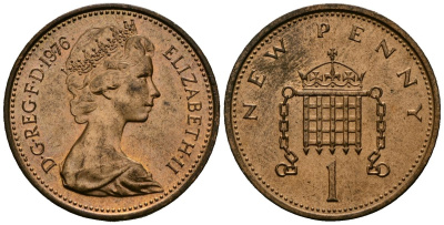 Великобритания 1 пенни 1976 Елизавета II (1952-2022) KM 915, Spink 4237 (B1) бронза 4539-836