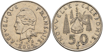 Французская Новая Каледония 50 франков 2009 хижина среди сосен и пальм, (IEOM) KM 13a, Schoen 15a, Lec 128i медно-никель 4111-933