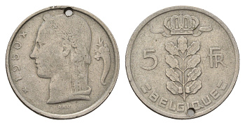 Бельгия 5 франков 1950 Belgique, Леопольд III (1934-1951) KM 134 медно-никель 190-244