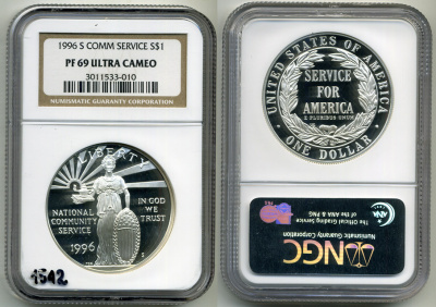 США 1 доллар 1996 S, коммунальный службы США, в слабе NGC PROOF 69 ULTRA CAMEO KM 275 серебро PROOF 15-005-09