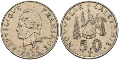 Французская Новая Каледония 50 франков 2009 хижина среди сосен и пальм, (IEOM) KM 13a, Schoen 15a, Lec 128i медно-никель 4111-933