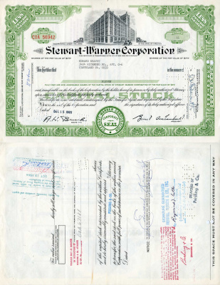 США 11 акций 1965 Стюарт-Уорнер, Stewart-Warner Corporation, производство автомобильных приборов   бумага   5547-12-2-2