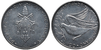 Ватикан 100 лир 1974 голубь, папа Павел VI (1963-1978) KM 122 нержавеющая сталь UNC 4579-646