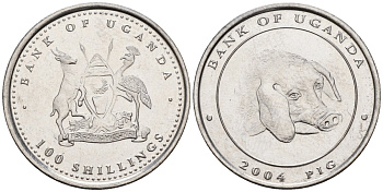 Уганда 100 шиллингов 2004 серия лунный календарь, год свиньи KM 145 сталь UNC M58-05