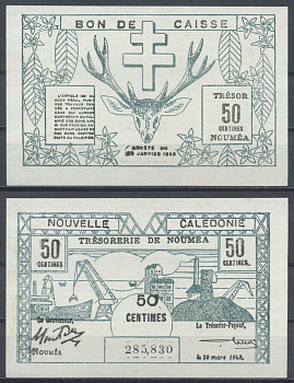 Новая Каледония 50 сантим 1943  Pick 54  бумага  UNC (пресс) 7221-46-1-2