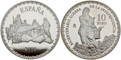 Испания 10 евро 2008 200 лет войне за независимость, Тимбалер дель Брук серебро PROOF 11-226-35