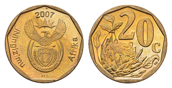 ЮАР 20 центов 2007 герб, цветок протея, год-тип KM 342 сталь плакированная бронзой UNC 4687-623