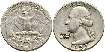 США 25 центов = квотер 1957 Вашингтон KM 164 серебро 4388-414