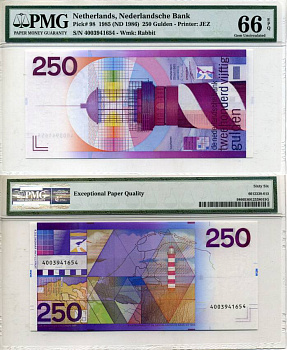 Нидерланды 250 гульденов 1985 в слабе PMG 66 Gem Uncirculated Pick 98 a бумага UNC (пресс) 000-00-00
