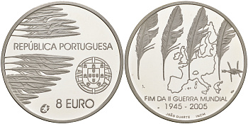 Португалия 8 евро 2005 60 лет окончания 2-ой мировой войне KM 773а серебро PROOF 11-167-31