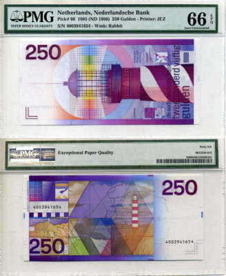 Нидерланды 250 гульденов 1985 в слабе PMG 66 Gem Uncirculated Pick 98 a бумага UNC (пресс) 000-00-00