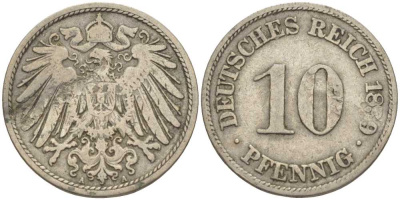ГЕРМАНИЯ 10 ПФЕННИГОВ 1899 A KM 12, J. 13 медно-никель 4401-1045