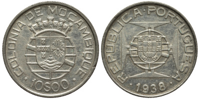 Португальский Мозамбик 10 эскудо 1938 год тип KM 70 серебро 1523-435