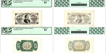 США, Fractional Currency 25 центов ND (1863) Образец из двух половин - Specimen. Третий выпуск. В холдерах компании PCGS Currency. Сохранность аверса - «64». Сохранность реверса - «63». Уильям Питт Фессенден Friedberg № 1294-SP. Pick 109	бумага 452-3-62