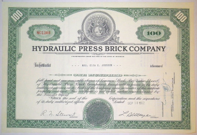 США, Hydraulic-Press Brick Company 100 акций 1952 бумага 8805-52-1