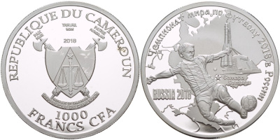 Камерун 1000 франков 2018 чемпионат мира по футболу - 2018, Россия, Самара серебро KM NEW PROOF 1088-2-52