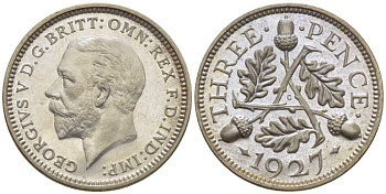 Великобритания 3 пенса 1927 Георг V (1910-1936), четвертый выпуск, тираж 15000 экземпляров KM 831, Spink 4042 серебро  PROOF 00-000-00