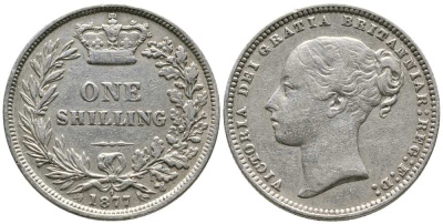 Великобритания 1 шиллинг 1877 Виктория (1837-1901) KM 734.2, Spink 3906А серебро 1518-434
