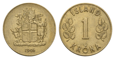 Исландия 1 крона 1946 год-тип KM 12 алюминиевая бронза 73-1026