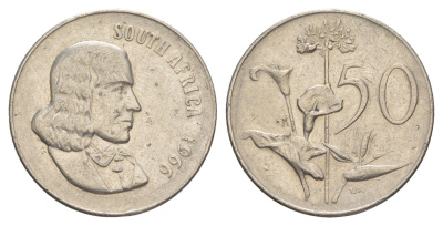 ЮАР 50 центов 1966 Ян ван Рибек (1619-1677), South Africa, легенда на английском, Зантедеския Эллиота (калла) KM 70.1 никель 4601-841