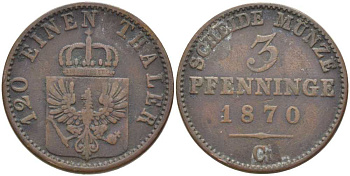 ПРУССИЯ 3 ПФЕННИГА 1870 С, ВИЛЬГЕЛЬМ I (1861-1888) KM 482 медь 117-1124