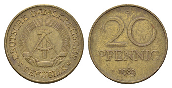 ГДР 20 пфеннигов 1983 А, первый год KM 11 латунь 4626-442