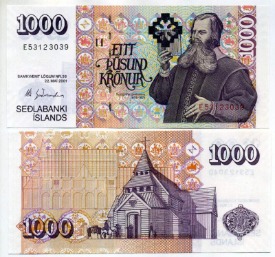 Исландия 1000 крон 2001 Бриньольфур Свейнссон Pick 59 (6) бумага UNC (пресс) 451-406-1