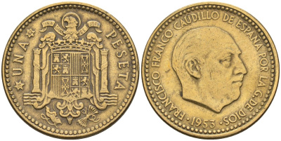 Испания 1 песета 1953 (62) Франсиско Франко (1939-1975) KM 775 алюминиевая бронза 3336-311