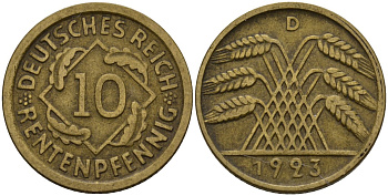 Германия 10 рентенпфеннигов 1923 D KM 33, J. 309 алюминиевая бронза 3336-125