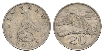Зимбабве 20 центов 1996 мост Бирченоу KM 4 медно-никель 4656-737