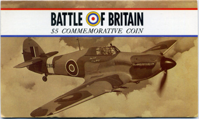 Маршалловы острова 5 долларов 1990 50 лет Битвы за Британию (1940-1990), авиация, в картонном буклете медно-никель UNC 5-4-3-64