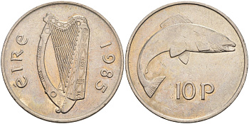 Ирландия 10 пенсов 1985 лосось KM 23 медно-никель XF-UNC 4583-411